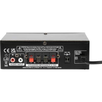 Amplificador áudio preto com entradas RCA e terminais de altifalantes