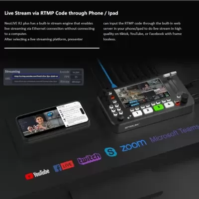 Dispositivo Neolive R2 Plus preto transmitindo vídeo ligado a smartphone preto, fundo escuro com logos de plataformas de streaming