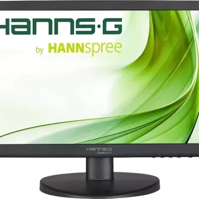 Monitor Hanns-G preto com base redonda e ecrã com texto e design verde