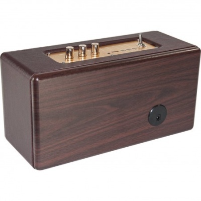 rádio ou altifalante retangular com acabamento em madeira escura e painel dourado superior