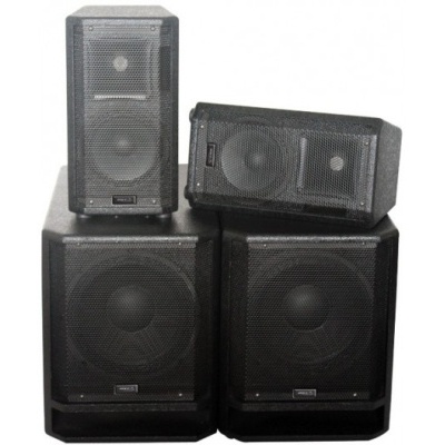 Conjunto de colunas de som preto com grelha metálica