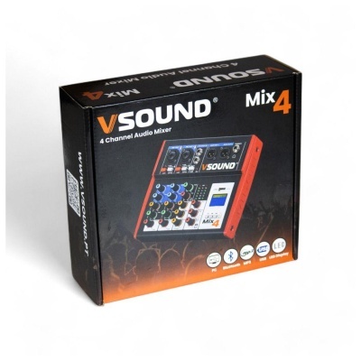 Embalagem do mixer de áudio VSound Mix4 preto e laranja com imagem do produto e texto descritivo