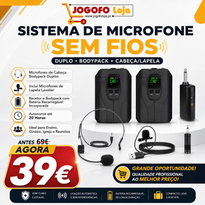 Sistema de microfone sem fios com bodypack duplo e microfones em fundo branco.
