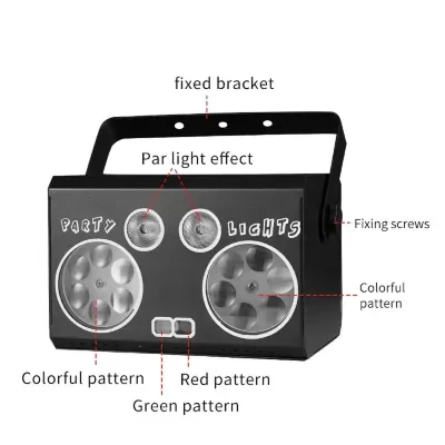 Luz de festa preta com padrões coloridos e suporte fixo