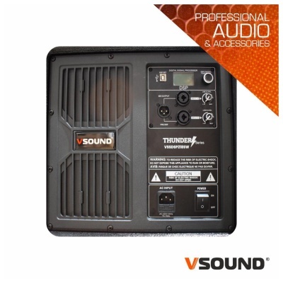Coluna de áudio profissional preta VSOUND THUNDER com painel traseiro e controles