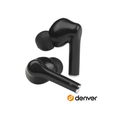 Auscultadores sem fios pretos com ponta silicone e detalhes prateados, fundo branco, logo denver