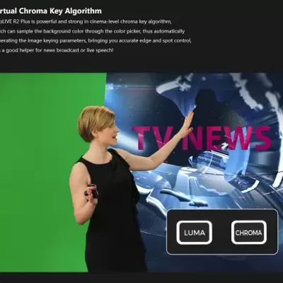 Apresentadora de TV diante de fundo verde com gráficos digitais e texto TV NEWS