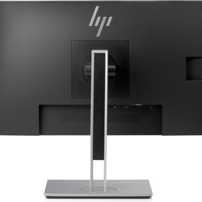 Monitor HP preto visto de trás com suporte prateado