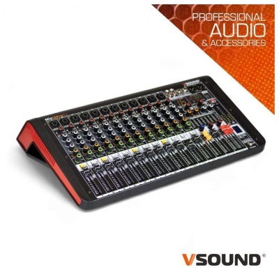 Mesa de mistura áudio profissional preta com vários controles e logotipo VSOUND
