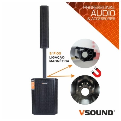 Coluna profissional áudio VSOUND preta com ligações magnéticas sem fios