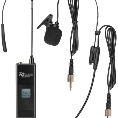 Microfone sem fios com receptor preto, antena, dois microfones com cabo e conectores jack