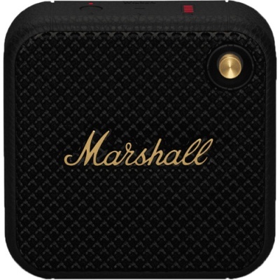 Coluna de som portátil preta da marca Marshall com texto dourado