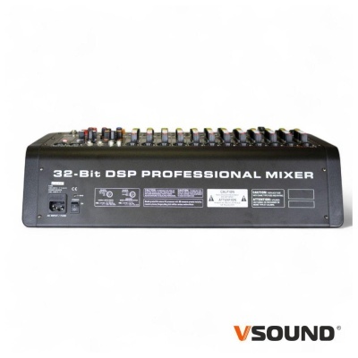 Mesa de mistura profissional 32-Bit DSP preta com controles e rótulos