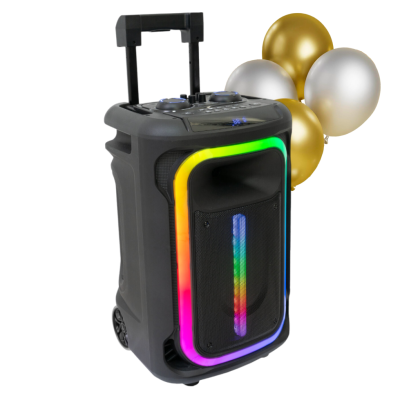 Coluna de som portátil preta com luzes LED coloridas e balões dourados e prateados