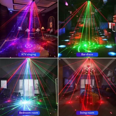 Quatro salas com luzes LED e lasers coloridos em diferentes ambientes incluindo sala de estar e quarto