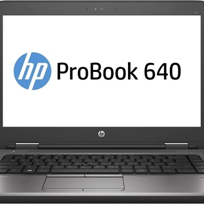 Computador portátil HP ProBook 640 com teclado preto e ecrã branco com logo HP azul