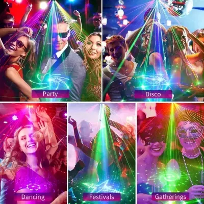 Pessoas a dançar com luzes laser coloridas em festas e eventos.