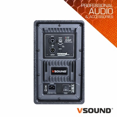 Coluna de áudio profissional preta com controlo DSP e entradas XLR da marca VSOUND