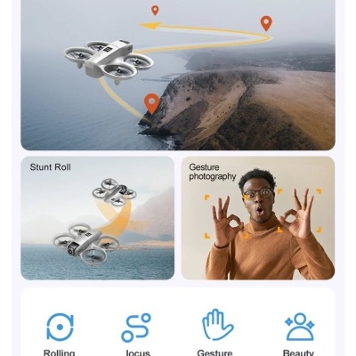 Drone cinza com proteções nas hélices e funcionalidades descritas em texto e ícones