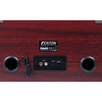 Parte traseira de coluna Fenton em madeira com entradas de áudio e saídas circulares