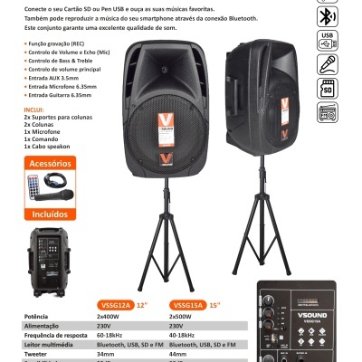 Conjunto de 2 colunas VSOUND com suportes ajustáveis e painel de controle.