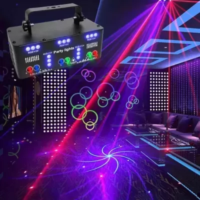 Dispositivo de luz RGB+UV preto projetando luzes de festa coloridas numa sala escura