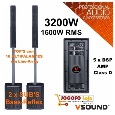 Sistema de áudio profissional V Sound com dois subwoofers e colunas line-array