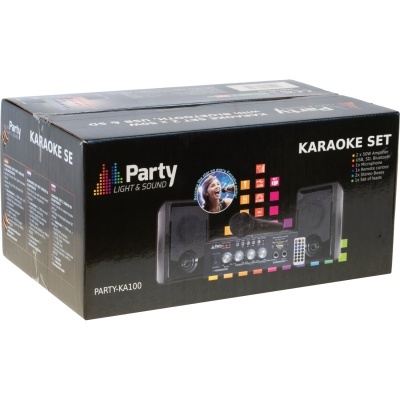 Caixa preta de conjunto de karaoke Party Light & Sound com imagem do produto e texto