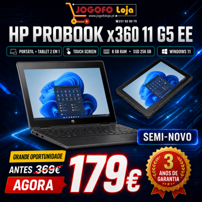 Portátil HP ProBook x360 11 G5 EE preto com ecrã touch e texto promocional