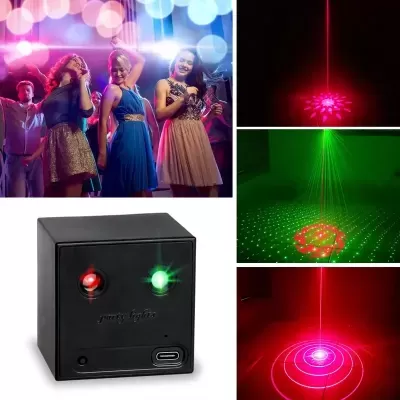 Dispositivo preto com luzes vermelha e verde e padrões de luzes vermelhas e verdes projetadas.