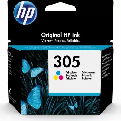 Embalagem de tinteiro HP Original 305 tri-cor com borboletas azuis