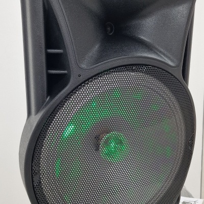 Coluna de som preta com luzes LED verdes e texto BOOST na grelha.