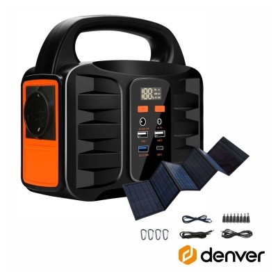 Carregador portátil Denver preto e laranja com painel solar dobrável e acessórios