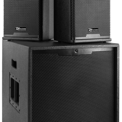 Conjunto de colunas de som Power Dynamics preto com subwoofer e altifalantes
