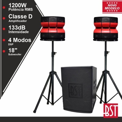 Equipamento de som com colunas em tripés e subwoofer preto com texto promocional em português.