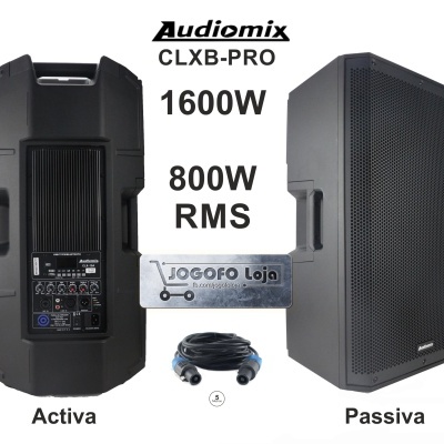 Sistema de colunas Audiomix CLX8-PRO preto com ficha técnica visível e acessórios