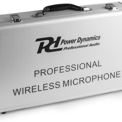 Mala rígida prateada com texto preto de microfone sem fios profissional