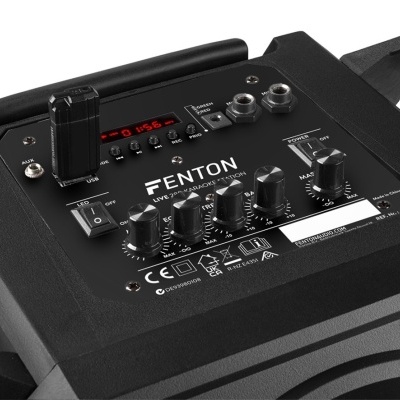 Coluna de som preta FENTON com botões e entradas na parte superior