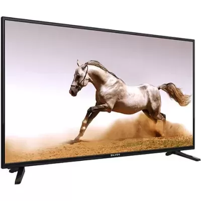 Televisor preto com imagem de cavalo branco a correr na terra