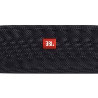coluna portátil JBL preta com tecido texturado e logótipo vermelho