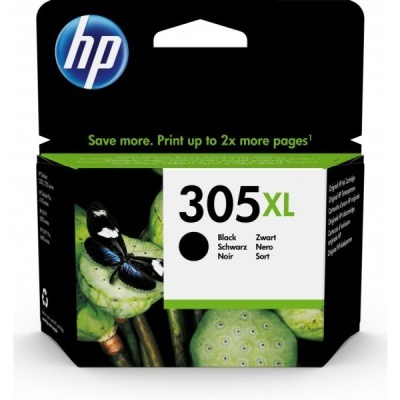 Embalagem de tinteiro HP 305XL preto com imagem de borboleta preta sobre folhas verdes