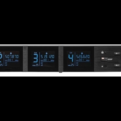 Aparelho eletrônico profissional preto com ecrã LED azul e botões de controlo