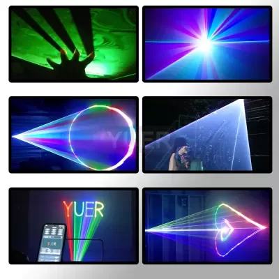 Projeções a laser coloridas com formas variadas e texto YUER em ambiente escuro