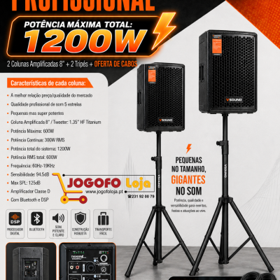 Sistema de som profissional VSound Thunder Series com 2 colunas amplificadas, 2 tripés e cabos Speakon em oferta