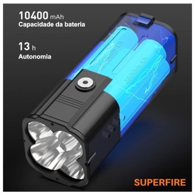 Lanterna preta com bateria interna azul e texto técnico sobre capacidade e autonomia