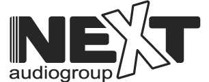 Logótipo NEXT audiogroup a preto em fundo branco