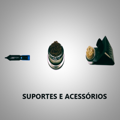 Marcador azul e preto, suporte metálico com material castanho e suporte preto com esfera de corda sobre fundo branco com texto