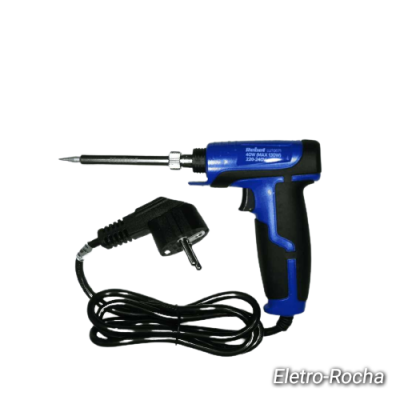 Ferro de soldar azul e preto com cabo e ficha preta sobre fundo branco