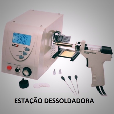 Estação dessoldadora branca com ecrã digital azul, pistola e acessórios