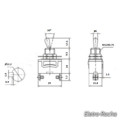 Desenho técnico de interruptor de alavanca com dimensões e detalhes